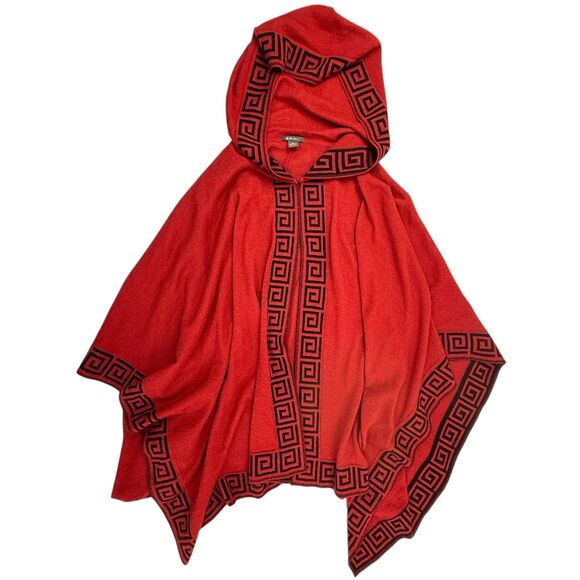 SOL Baby Alpaca Hooded Poncho Cape Women One Size Red Black Moroccan Peru OS - Picture 2 of 9